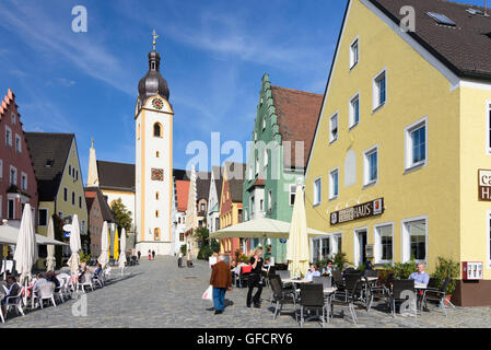 Schwandorf: Upper Market Square with the tower of St. Jacob's Church, Germany, Bayern, Bavaria, Oberpfalz, Upper Palatinate Stock Photo