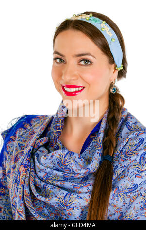 Russian beauty woman in the national patterned shawl Stock Photo