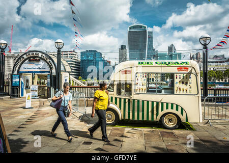 An ice cream van in front of the Walkie Talkie building on the river Thames in London, UK