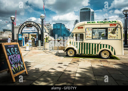 An ice cream van in front of the Walkie Talkie building on the river Thames in London, UK