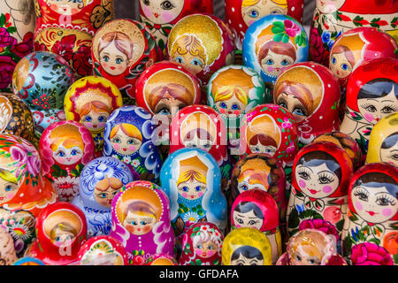 Colorful russian wooden dolls at a market in Trakai, Lithuania Stock Photo