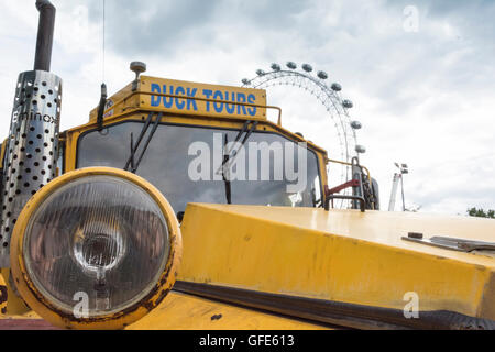 A London Duck Tours bus near the Millennium Wheel on London's Southbank, UK Stock Photo