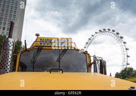 A London Duck Tours bus near the Millennium Wheel on London's Southbank, UK Stock Photo