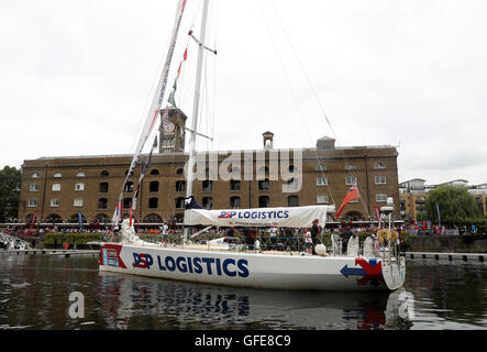 The PSP Logistics boat arrives back at the dock during the final stage of the Clipper Round the World Yacht Race at St Katharine Docks, London. PRESS ASSOCIATION Photo. Picture date: Saturday July 30, 2016. Photo credit should read: Simon Cooper/PA WireParticipants during day two of the HACKMCFC event  at the City Football Academy. Stock Photo