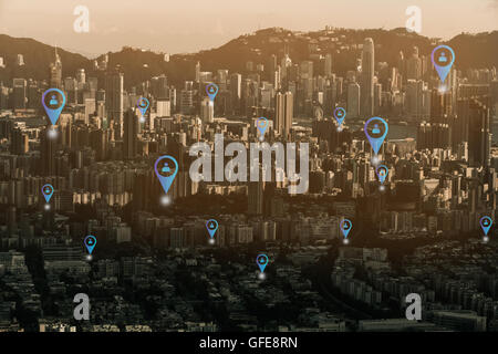 Social media network concept. with social media icons and business city. Global network mesh. Social communications background. Stock Photo