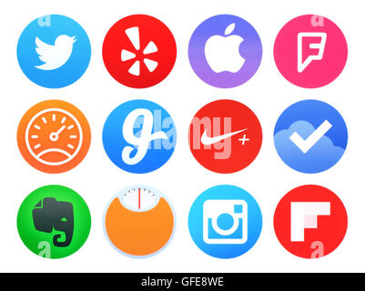 Kiev, Ukraine - April 28, 2016: Collection of popular Apple watch application icons printed on paper: Twitter, etc. Stock Photo