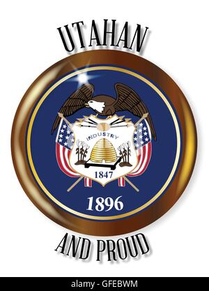 Utah state flag button with a gold metal circular border over a white background with the text Utahan and Proud Stock Vector
