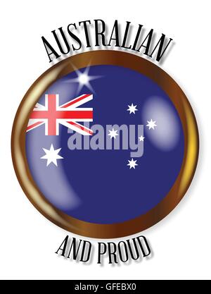 Australia flag button with a gold metal circular border over a white background with the text Australian and Proud Stock Vector
