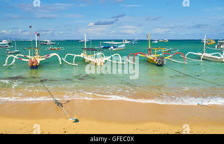 Traditional fishing boats, Sanur Beach, Bali, Indonesia Stock Photo