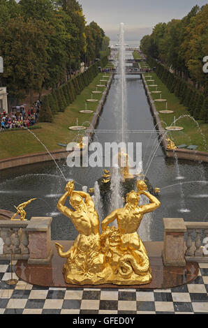 Fountains and canal leading to the sea, seen from the terrace, Peterhof Grand Palace, St Petersburg, Russia. Stock Photo