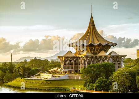 Kuching sunset esplanade architecture, Malaysia. New Sarawak State Legislative Assembly Building. Stock Photo