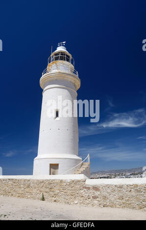 Old white lighthouse near the city of New Paphos ,Cyprus,Mediterranean coast, Europe Stock Photo