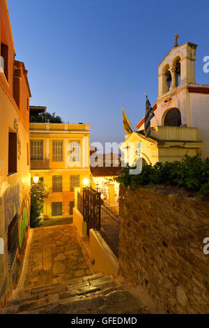 Church in a street of the old town Plaka in the centre of Athens. Stock Photo