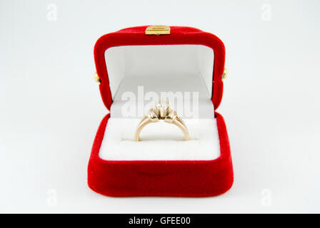 Diamond Engagement Ring in red box on white background Stock Photo