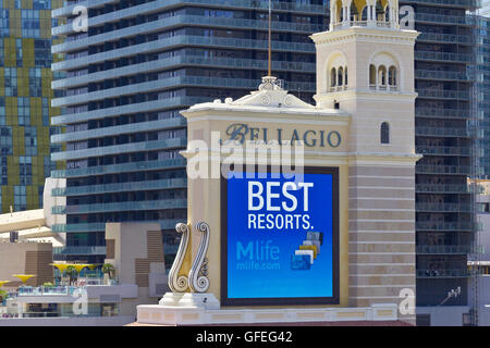 Las Vegas - Circa July 2016: Signage of the Bellagio Hotel and MLife I Stock Photo