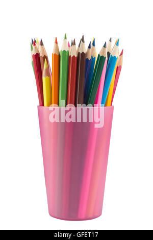 Many drawing pencils in a pink transparent cup isolated on white Stock Photo