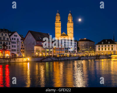 Grossmunster and Limmatquai in Zurich at night,  Switzerland, Europe Stock Photo