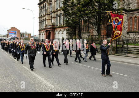 1st April 2013, Belfast, Northern Ireland. An Apprentice Boys of Derry lodge marches past Clifton Street Orange hall Stock Photo