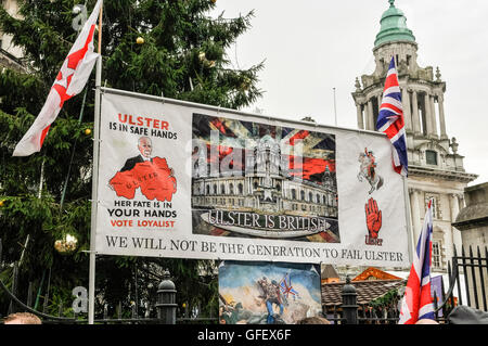 Belfast, Northern Ireland - 30th Nov 2013 - Loyalists display banners at the City Hall prior to a parade up to the Woodvale Road Stock Photo