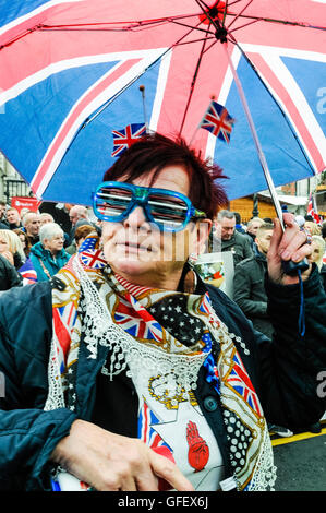 Belfast, Northern Ireland - 30th Nov 2013 - A lady dressed in Union Flags at a loyalist protest Stock Photo