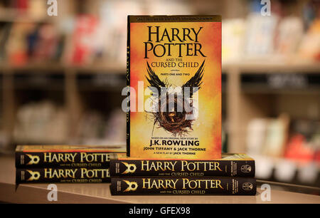 Embargoed to 0001 Sunday July 31 The script of Harry Potter and the Cursed Child goes on display at Foyles book shop in London ahead of its release at midnight, enabling fans across the globe to find out what happens next to Harry Potter and his friends following the play's official West End opening. Stock Photo