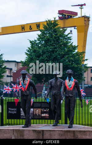 Belfast, Northern Ireland. 11 Jul 2016 - A public art display remembering the shipyard workers of Belfast is decorated with Orange 'Sashes' or collarettes and Union Flags in readiness for the 12th July celebrations