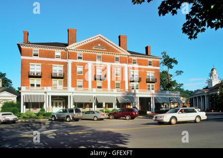 Town of Lenox, in the Berkshires,west Massachusetts. Red brick Curtis Hotel building dates from 1829. Boston Symphony festivals at nearby Tanglewood Stock Photo