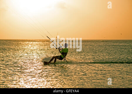 Kite surfer on Aruba island in the Caribbean at sunset Stock Photo