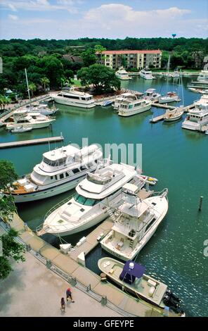 Boat marina seen from lighthouse at Harbour Town in Sea Pines Resort. Part of exclusive Hilton Head Island, South Carolina, USA Stock Photo