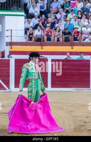 The Spanish Bullfighter Adrian de Torres bullfighting with the crutch in the Bullring of Sabiote, Spain Stock Photo