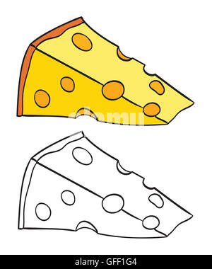 cheese slice drawing. coloring version included Stock Photo