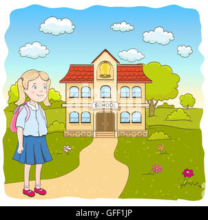 cartoon little girl in blue skirt, with backpack on the way to the primary school Stock Photo