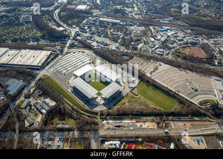 Aerial view, new stadium Rot-Weiss-Essen RWE, parking in the grounds of the old stadium, Essen, Ruhr area,North Rhine Westphalia Stock Photo