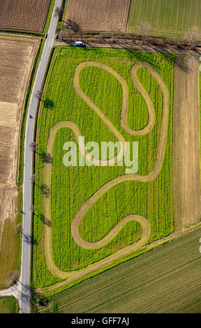 Aerial view, motocross terrain on a harvested field in Werl, Soester Plain, north rhine westphalia, Germany, Europe, Aerial view Stock Photo