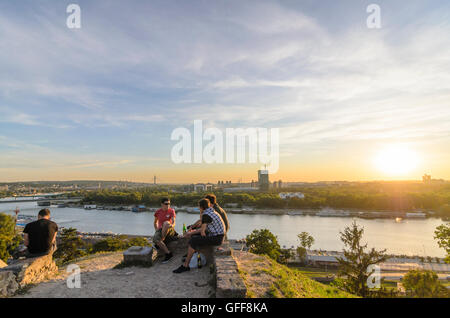 Beograd, Belgrade: Fortress, Kalemegdan Park , overlooking the Sava and Novi Beograd with the Genex Tower, Serbia, , Stock Photo