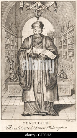 Frontispiece showing “Confucius The Celebrated Chinese Philosopher” holding one of his Analects in a library. See description for more information. Stock Photo