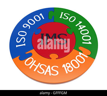 Integrated management system, combination of ISO 9001, ISO 14001 and OHSAS 18001, 3D render, isolated on white Stock Photo