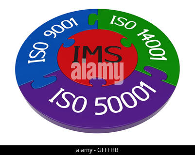 Integrated management system, combination of ISO 9001, ISO 14001 and ISO 50001, 3D render, isolated on white Stock Photo