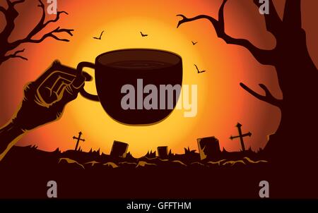 Zombie hand holding coffee cup at the cemetery. Stock Vector