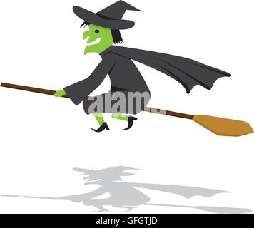 Witch on a broomstick in flat cartoon style, vector Stock Vector