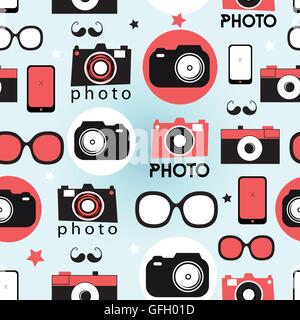 Seamless graphic pattern of cameras and mobile phone on a blue backgroun Stock Vector