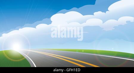 Empty road in the early morning against clear sky and rising sun. Stock Vector