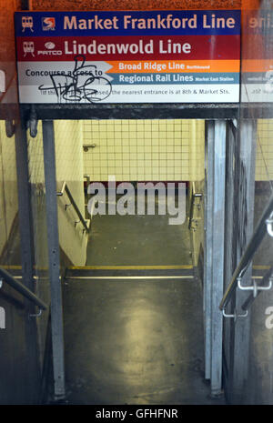 Market Street subway entrance in Philadelphia Pennsylvania. Stairs leading to the underground subway cars. Stock Photo