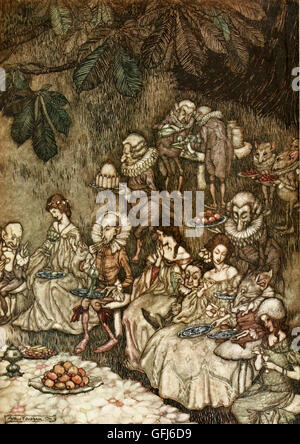 The Fairies sit round on mushrooms, and at first they are well behaved. Scene from Peter Pan. Stock Photo