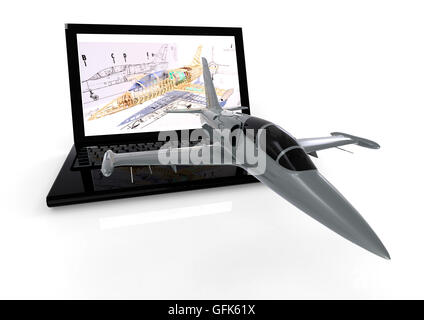 3D render image representing airplane manufacturing business with cad softwares Stock Photo