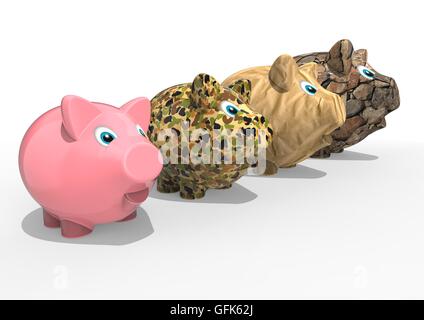 3D render image representing 4 different type of piggy banks Stock Photo