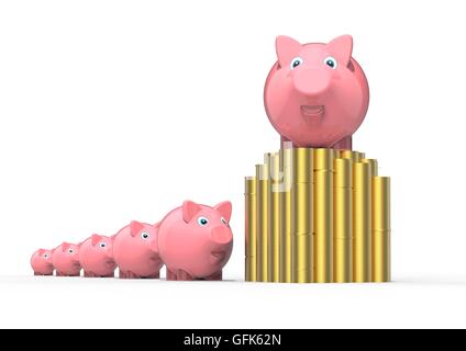 3D render image representing a piggy bank leader on  stack of money in front of a row of piggy banks Stock Photo