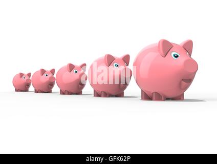 3D render image of a row of growing piggy banks Stock Photo - Alamy