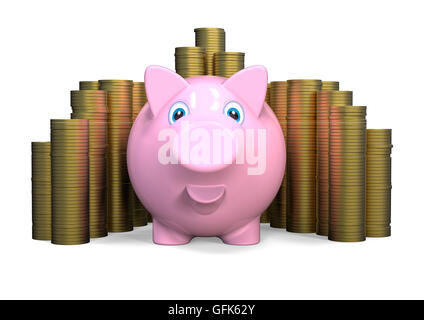 3D render image representing a piggy bank with a stack of money Stock Photo
