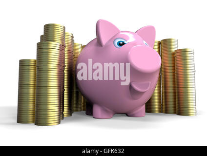 3D render image of a piggy bank with a stack of money. Stock Photo